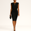 Classic midi dress with round neck and short sleeves